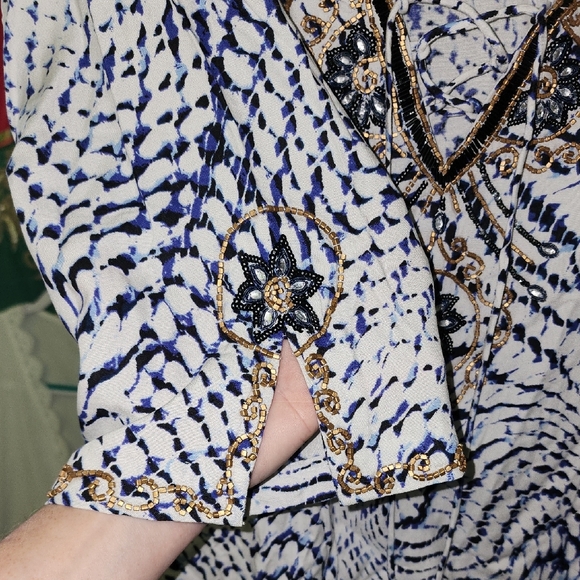 Soft Surroundings Blue, White, & Black w/ Ornate Beading Boho Tunic Blouse Top - Picture 5 of 11